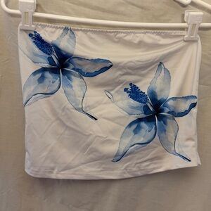 New SHEIN White Floral Bandeau Top with Blue Watercolor Flowers L